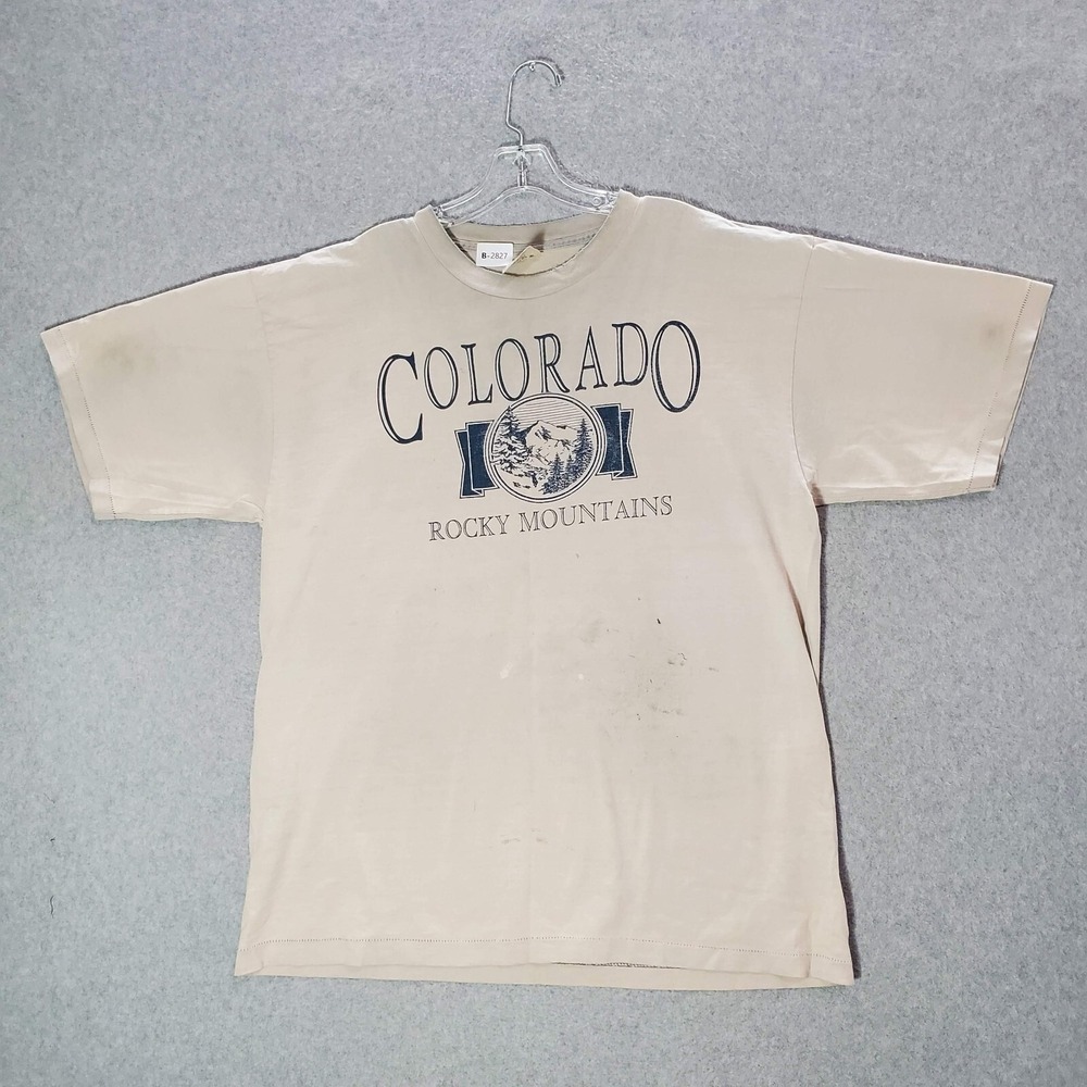 VINTAGE Colorado Rocky Mountains Men Shirt XL Beige Single Stitch Crew Neck READ